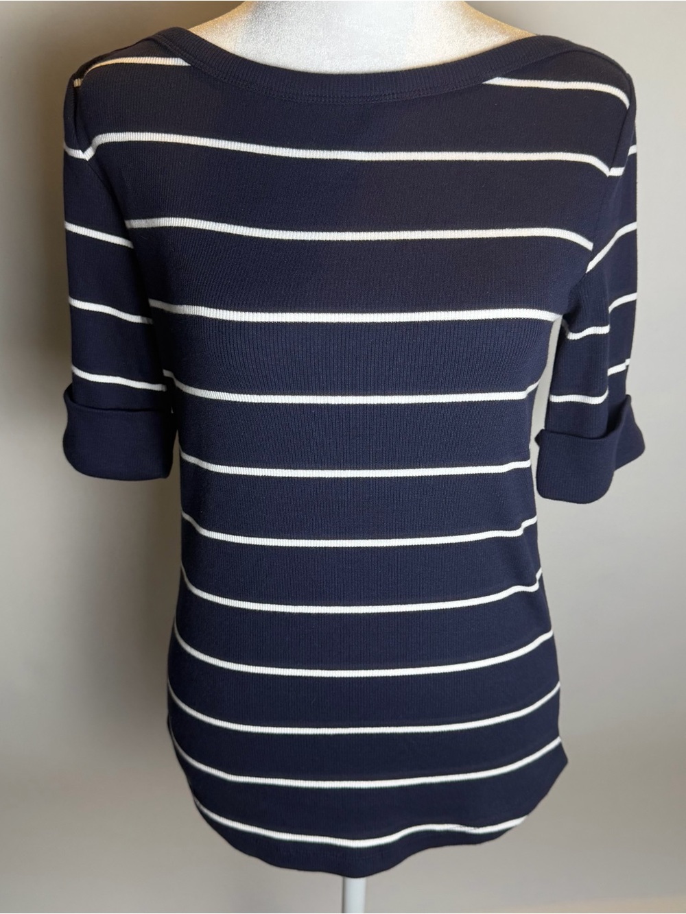 Talbots Navy and White Striped Boatneck Short Sleeve Ribbed Top